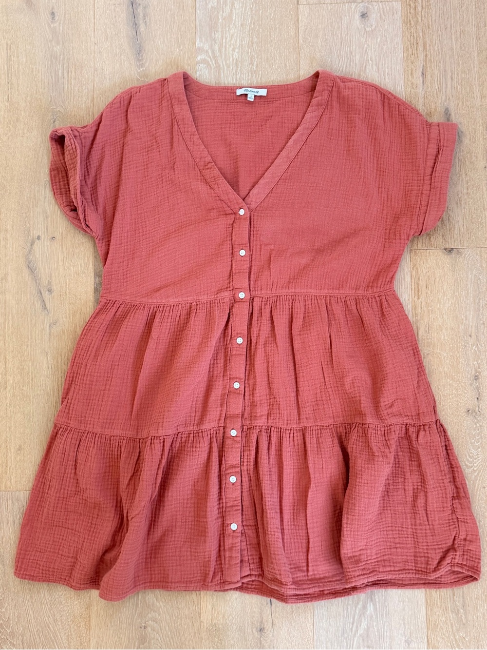Madewell Rust Button-Front Tiered V-Neck Dress